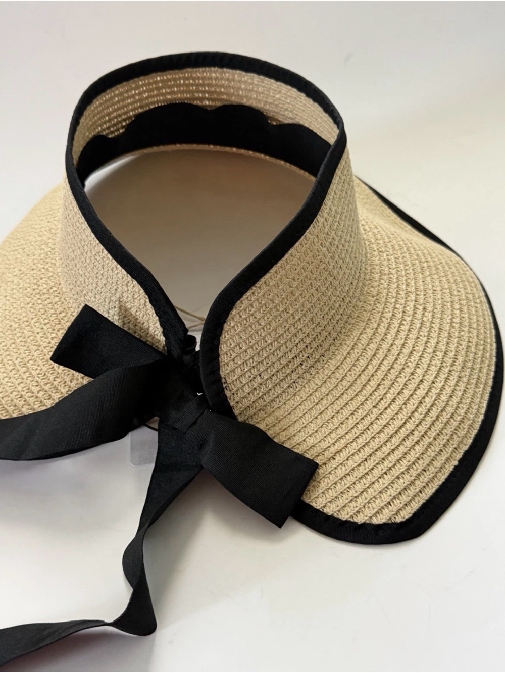 Serra Wide Brim Visor Beach Hat Beige Black Bow Women's Paper Polyester One Size - Picture 5 of 9